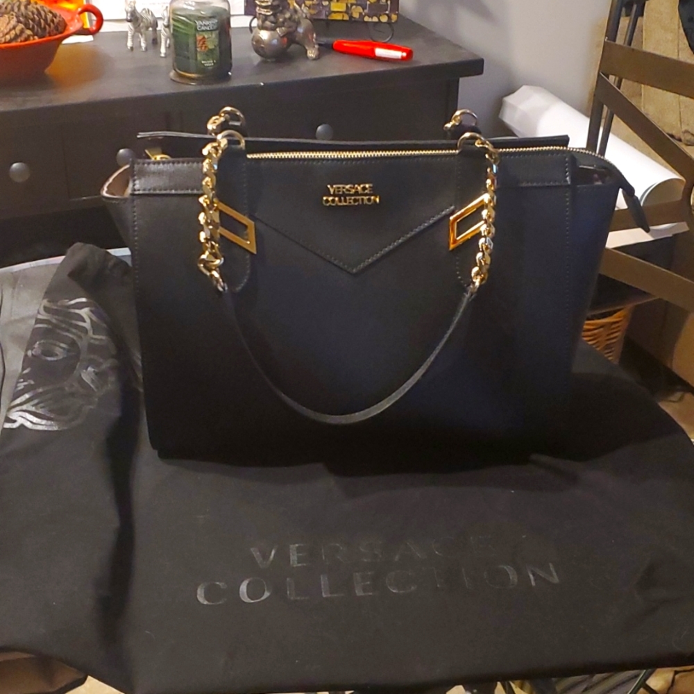Versace Collection Saffiano Shoulder Bag. Black Leather.
